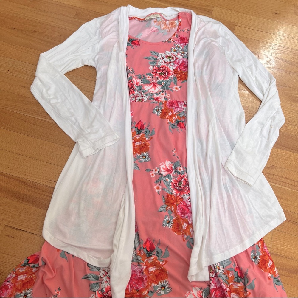 Floral Pink Dress with White Cardigan